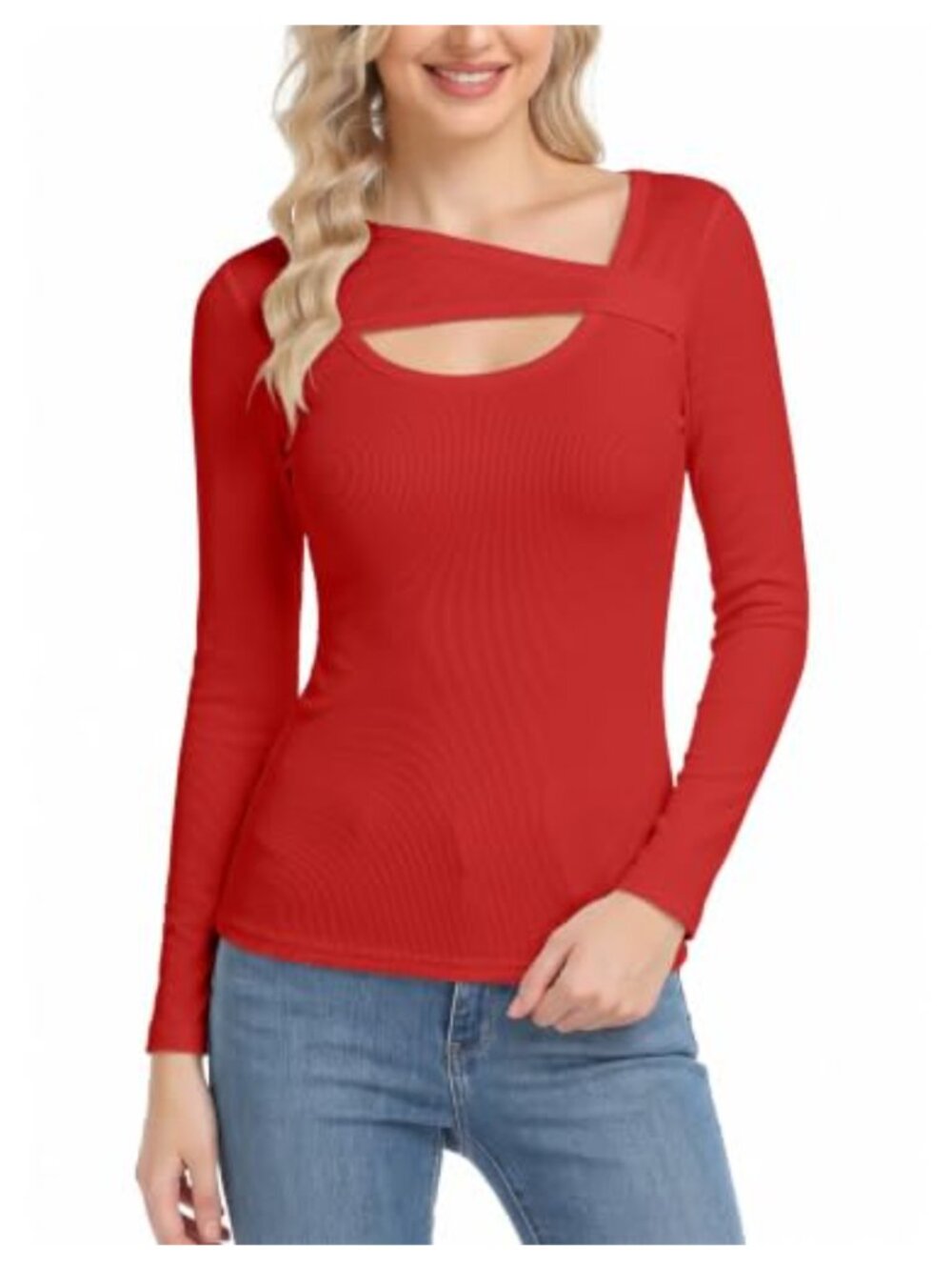 Slim Fit Ribbed Knit Cutout Long Sleeve Top Square Neck Casual Tee